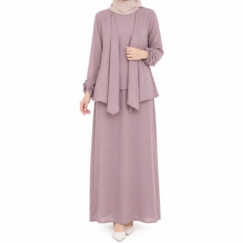 Mauve Two Piece Maxi Dress Set Ruched Sleeve Jacket Formal Wedding Guest Size 12